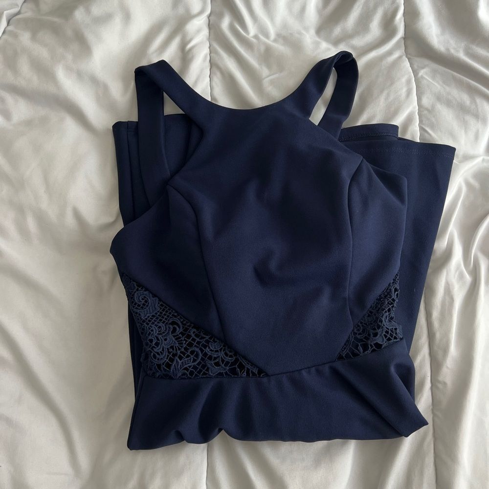 Navy Blue Fit & Flare Juniors Dress – Size 1, Lace Cutout Sides, Formal Look - Picture 2 of 12